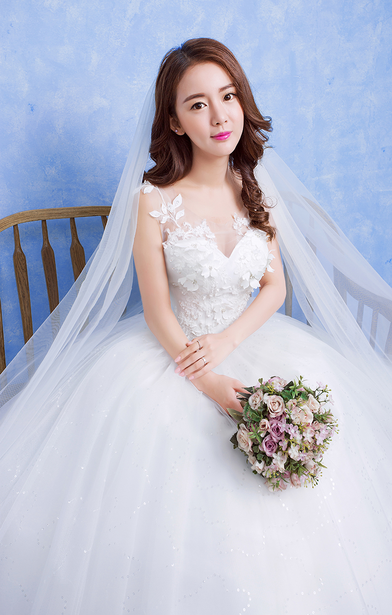 绑带婚纱定制新款韩版蓬蓬裙公主式蕾丝圆领婚纱礼服HB0008