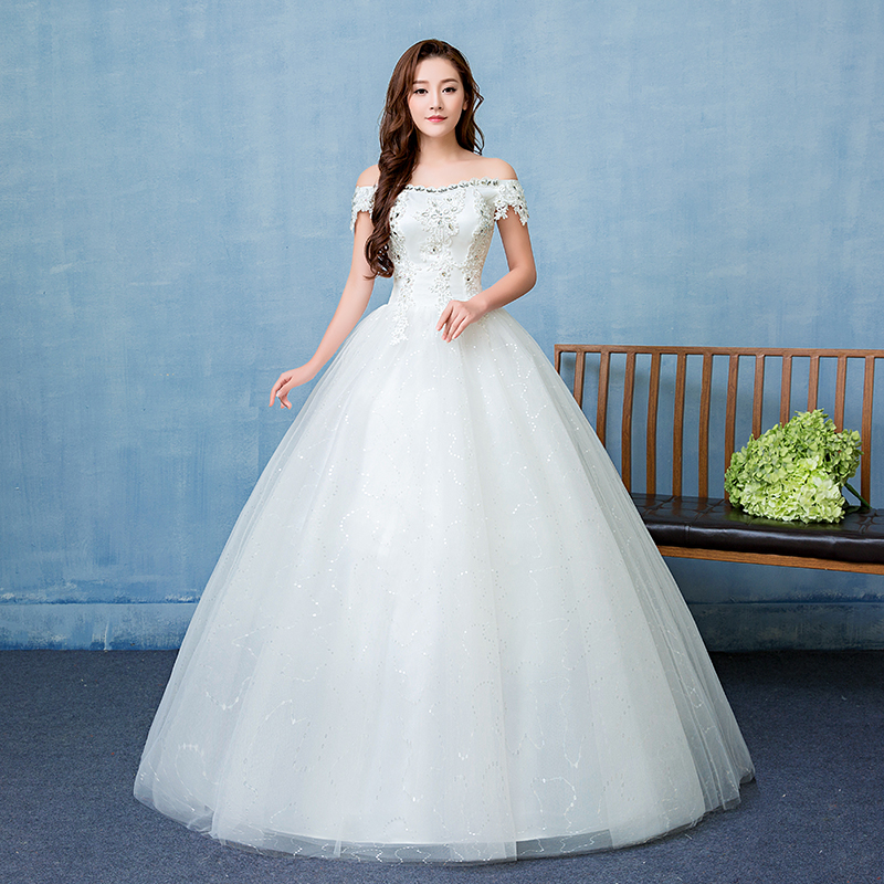 韩版蓬蓬裙婚纱定做批发一字领公主裙齐地婚纱HB0009