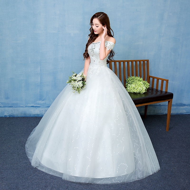 韩版蓬蓬裙婚纱定做批发一字领公主裙齐地婚纱HB0009