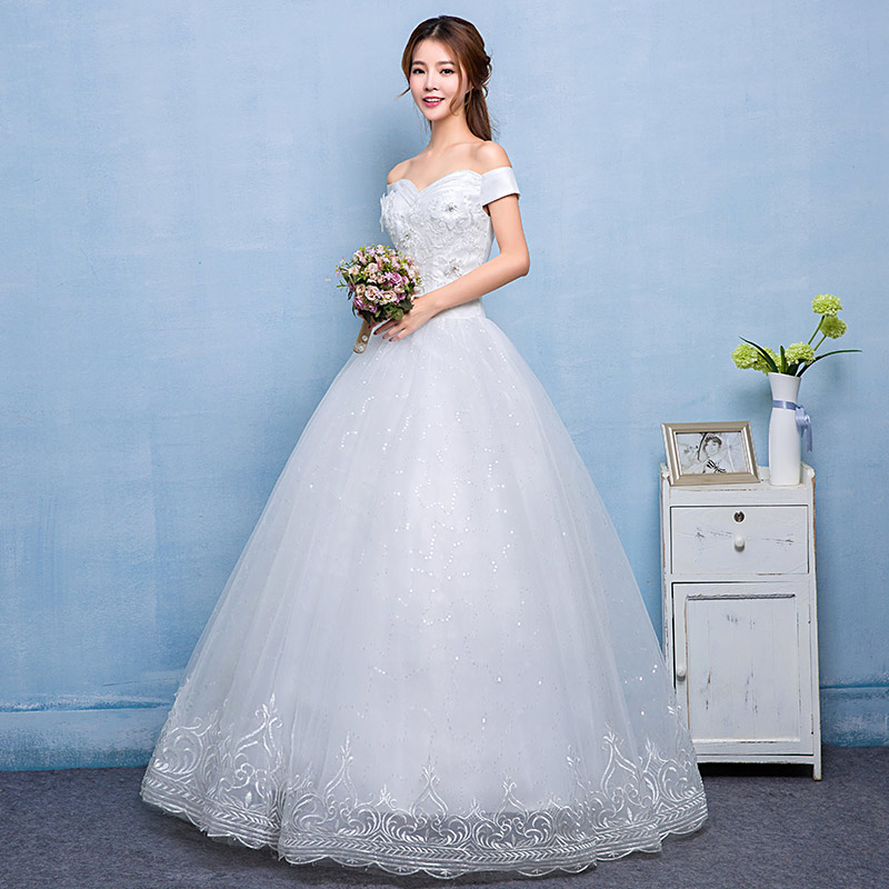 韩版婚纱新款一字领公主式蓬蓬裙卡肩缎面蕾丝齐地婚纱HB0012