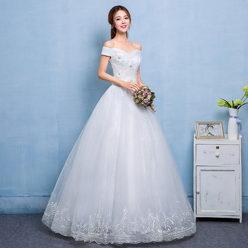 韩版婚纱新款一字领公主式蓬蓬裙卡肩缎面蕾丝齐地婚纱HB0012