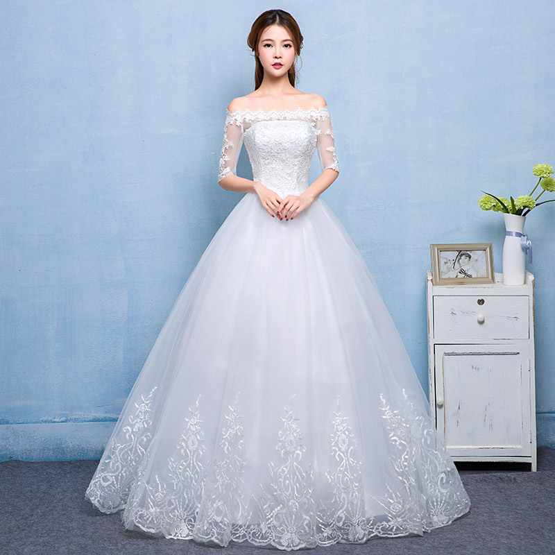 新款韩版婚纱定制批发一字肩蕾丝花边公主型婚纱HB0014