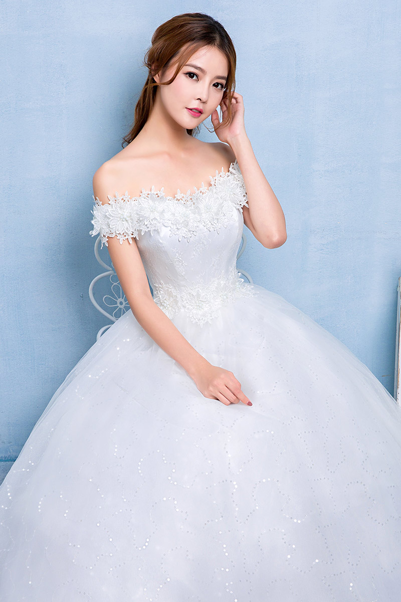 韩版一字肩婚纱礼服新款韩式公主式蓬蓬裙韩式定做HB0016