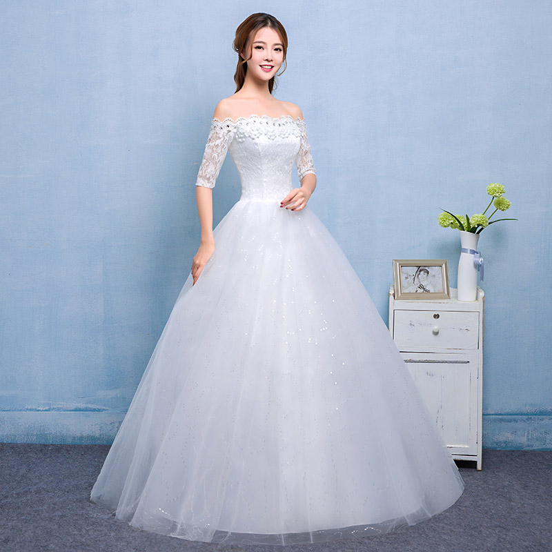 韩版齐地婚纱定制新款韩式一字肩蓬蓬裙婚纱礼服HB0017