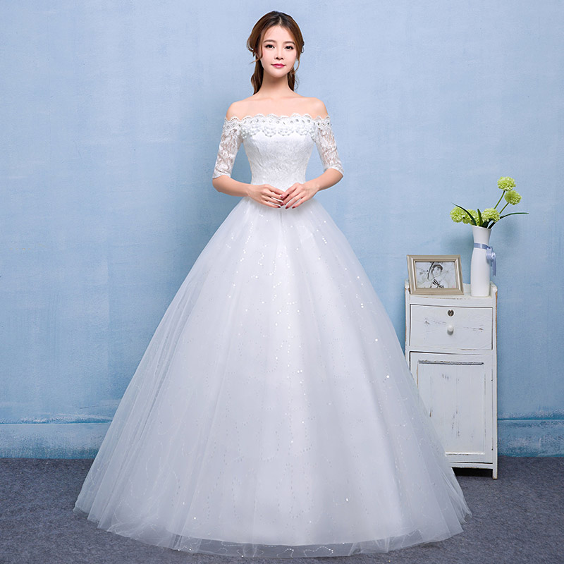 韩版齐地婚纱定制新款韩式一字肩蓬蓬裙婚纱礼服HB0017