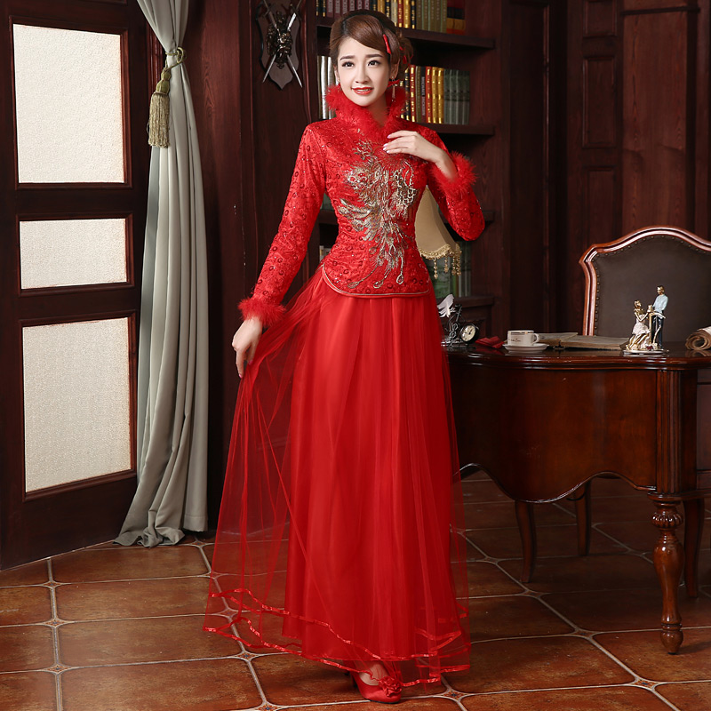 新款两件套婚礼新娘旗袍红色长袖无开叉旗袍裙QP001