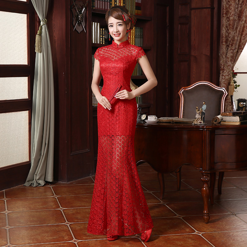 长旗袍定制新款红色一般领短袖无襟鱼尾摆旗袍裙QP011