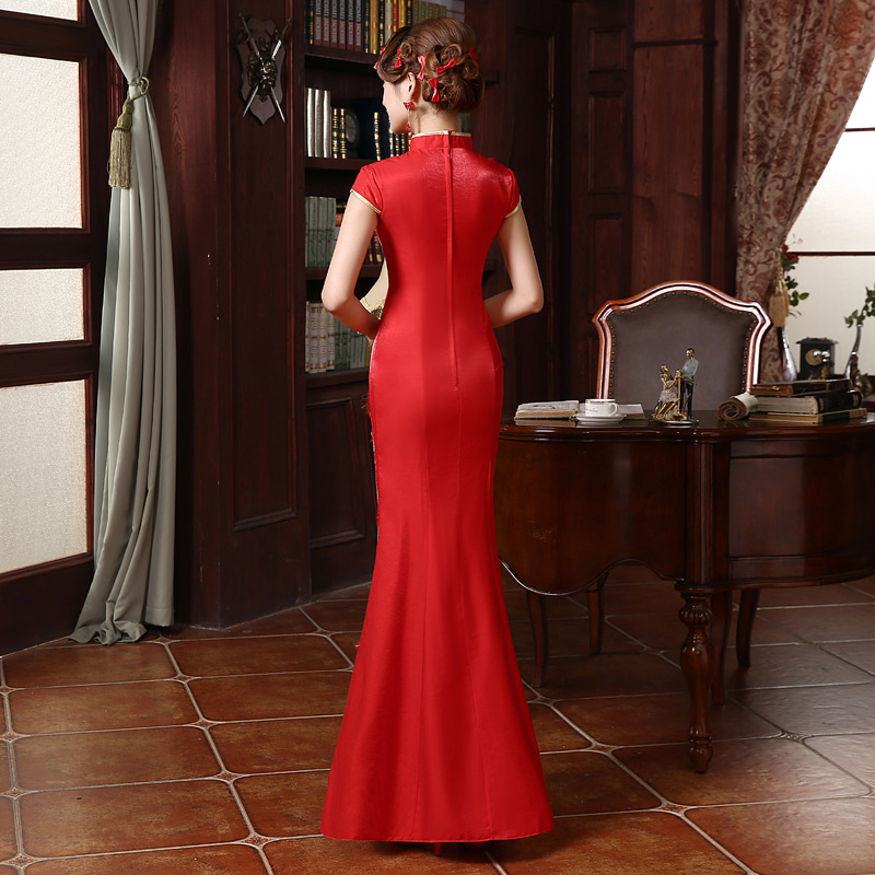 长款旗袍定制新款红色孔雀刺绣鱼尾摆婚礼旗袍QP013