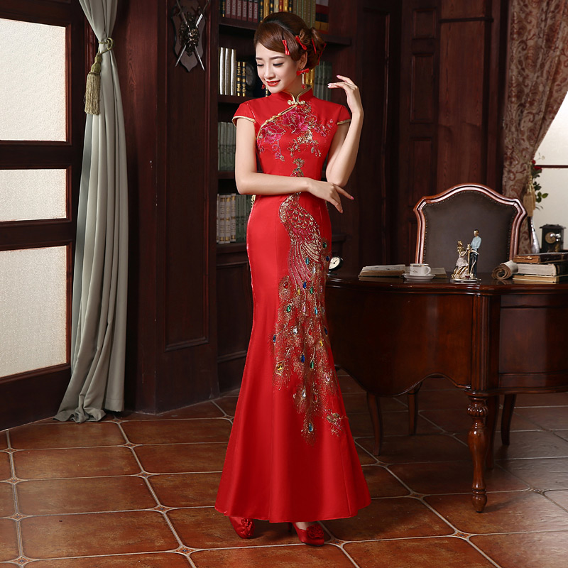 长款旗袍定制新款红色孔雀刺绣鱼尾摆婚礼旗袍QP013