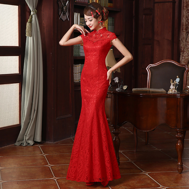 伴娘礼服旗袍裙新款短袖红色蕾丝鱼尾摆旗袍晚礼服QP015