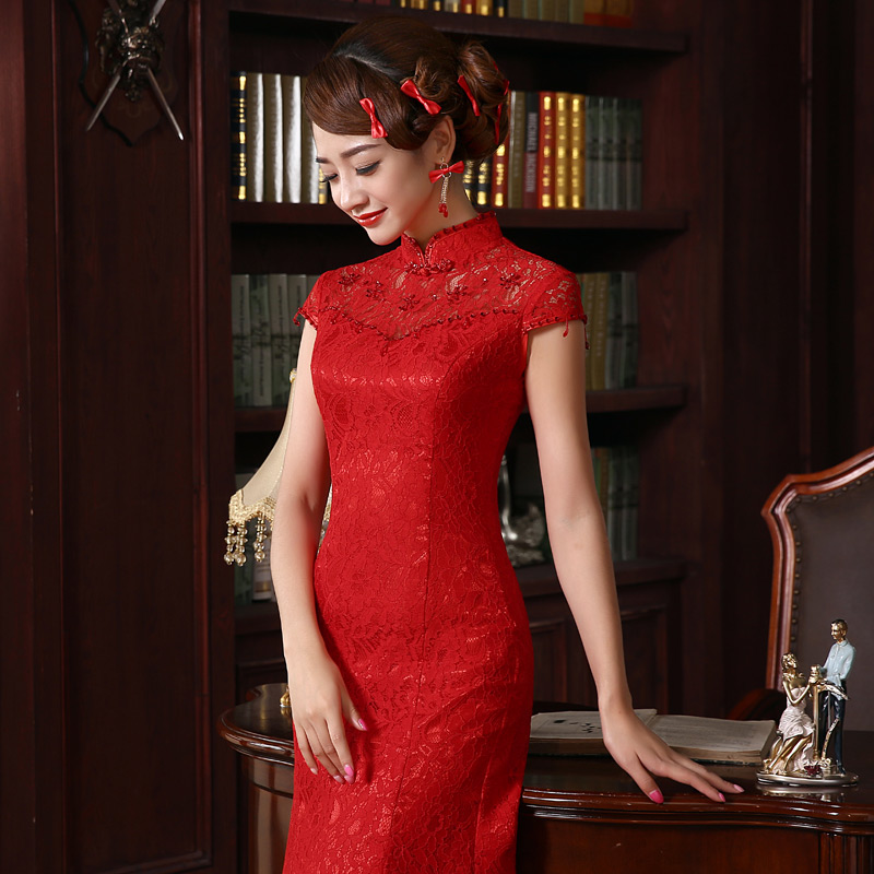 伴娘礼服旗袍裙新款短袖红色蕾丝鱼尾摆旗袍晚礼服QP015