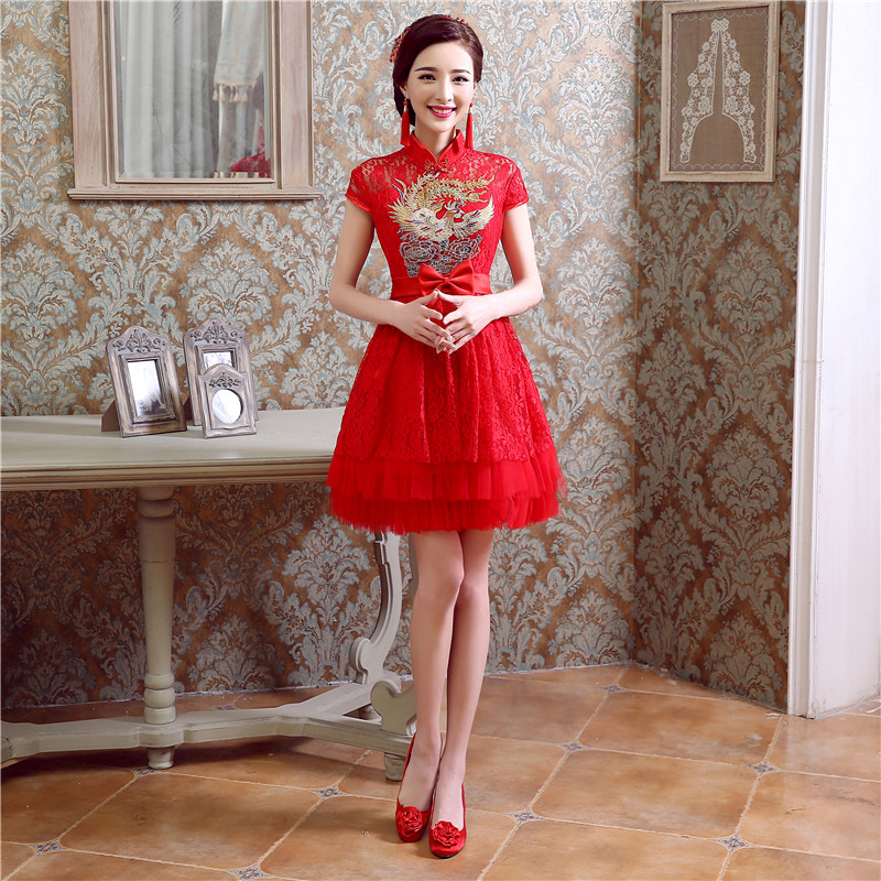 短款改良旗袍裙新款大红色短袖礼服摆短旗袍婚礼定制QP018