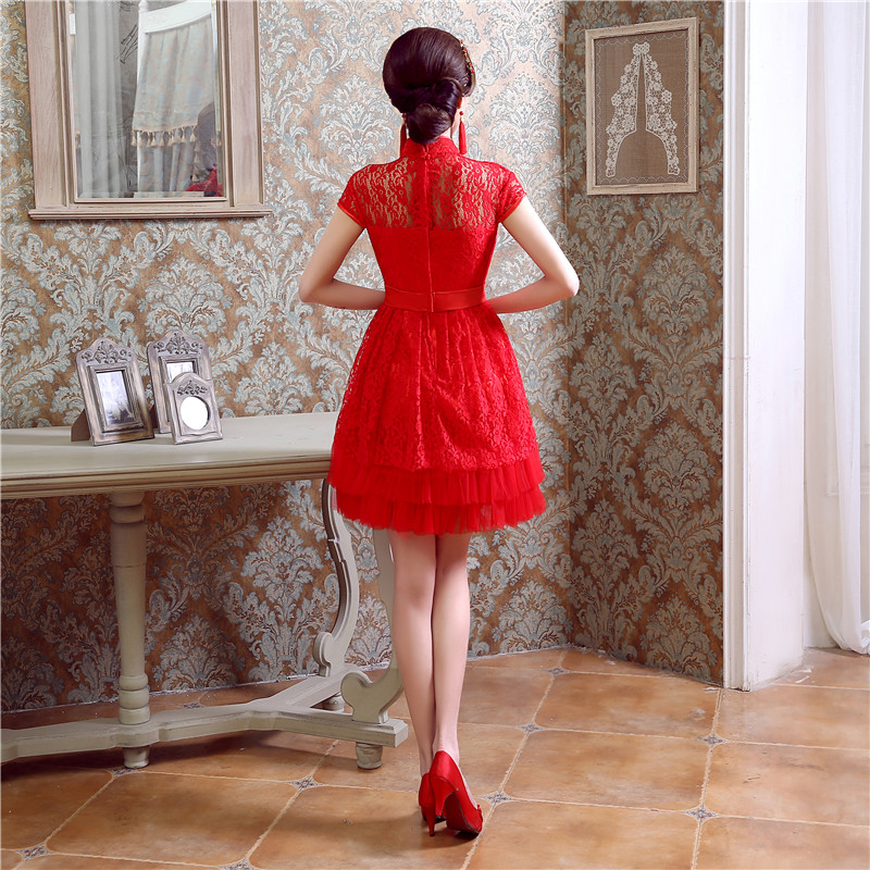 短款改良旗袍裙新款大红色短袖礼服摆短旗袍婚礼定制QP018