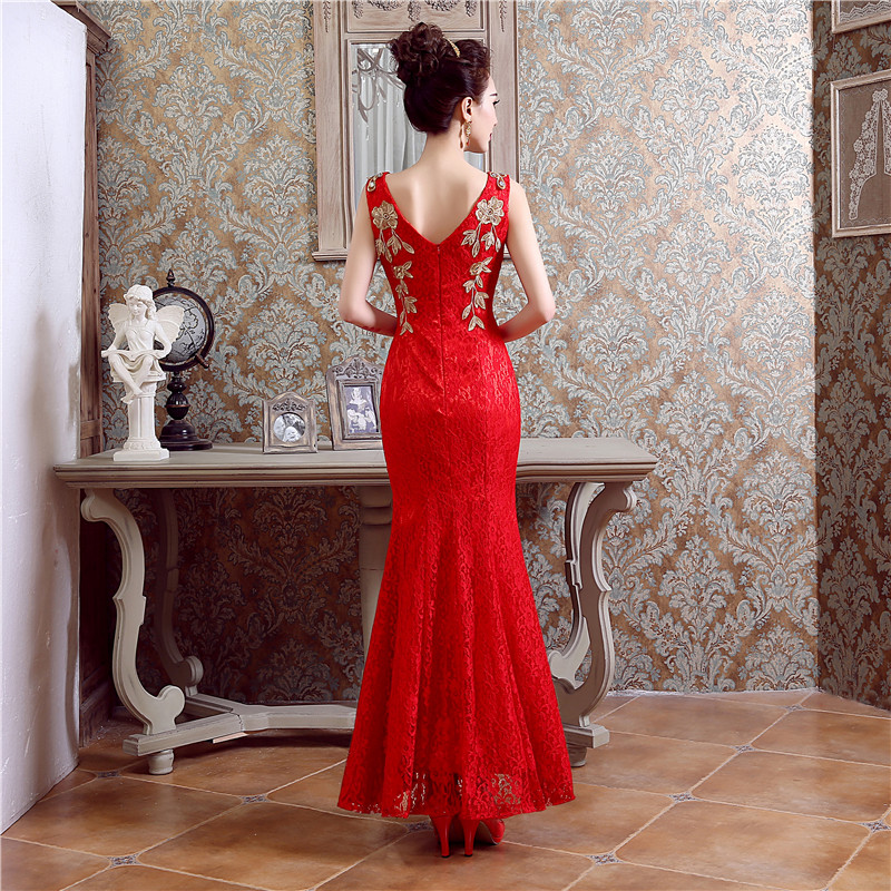 新款大红色长款鱼尾裙礼服摆婚礼新娘伴娘旗袍定制批发QP020