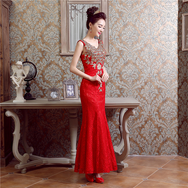 新款大红色长款鱼尾裙礼服摆婚礼新娘伴娘旗袍定制批发QP020