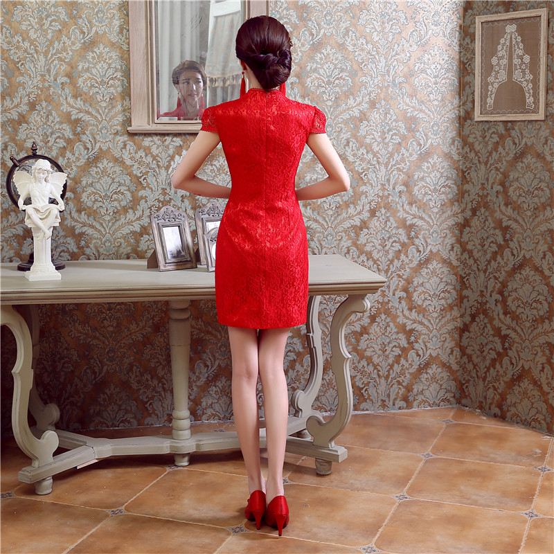 红色蕾丝旗袍新款婚礼晚会短袖短款新娘伴娘礼服裙定做QP021
