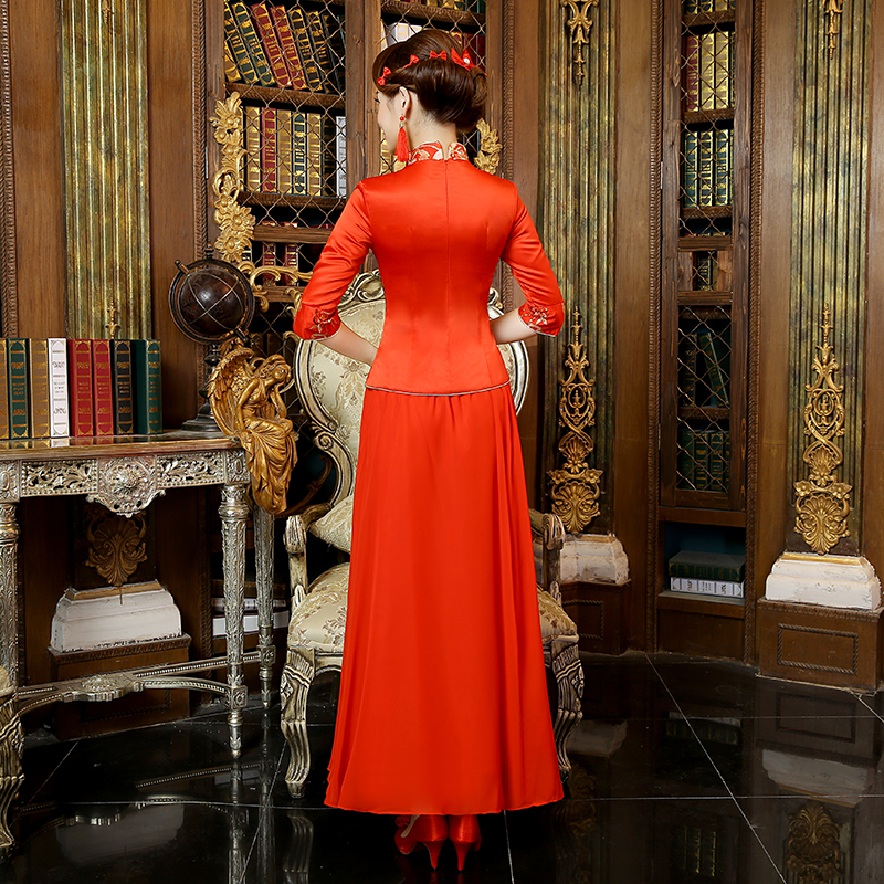 雪纺长款旗袍定做批发红色七分袖一般领宽摆旗袍礼服裙QP023