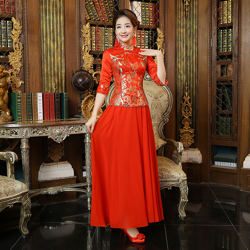 雪纺长款旗袍定做批发红色七分袖一般领宽摆旗袍礼服裙QP023
