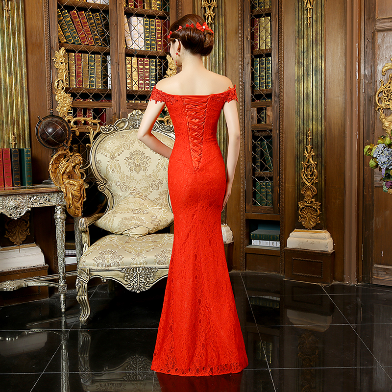大红色长款蕾丝晚礼服新款一字领新娘婚礼伴娘礼服裙QP031