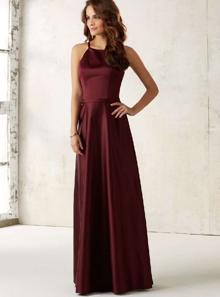 紫红色缎面婚礼伴娘晚礼服定制批发欧式新款长裙LIFU6009