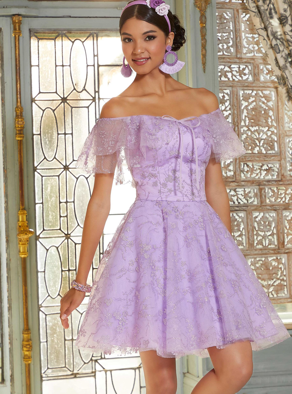 紫色小礼服欧式风格公主型高腰一字领短款礼服LIFU2097