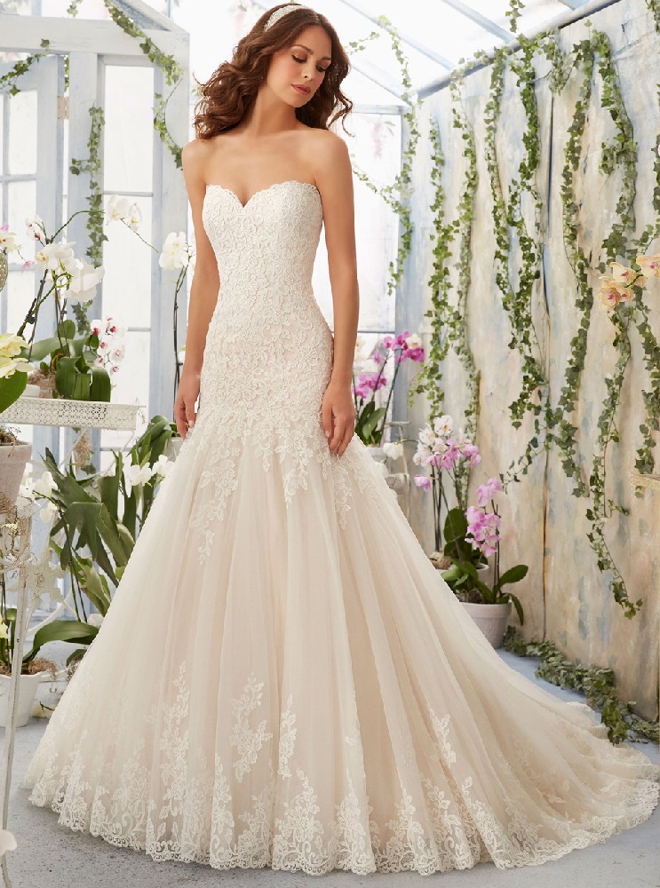 法式新款豪华抹胸鱼尾婚纱心形领白色蕾丝小拖尾礼服HS9404