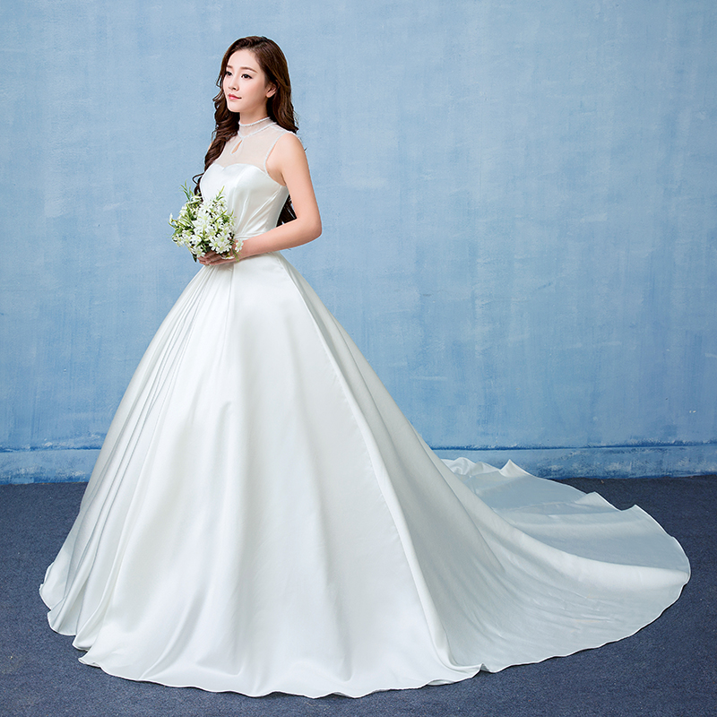 韩版婚纱新款拖尾后背绑带大拖尾白色婚纱批发HB0003
