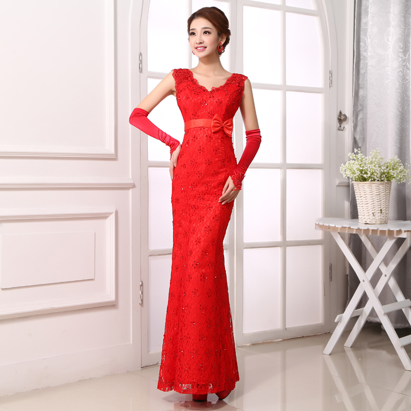 中式大红色晚礼服新款晚会舞台蕾丝伴娘礼服定做LIFU004