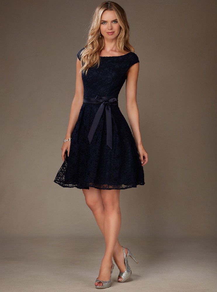 新款藏青色A字裙公主型蕾丝小礼服新娘婚礼伴娘服LIFU2017