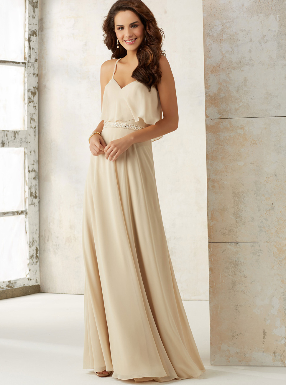 长款雪纺吊带裙定制批发新款卡其色坠地长礼服婚礼LIFU6005