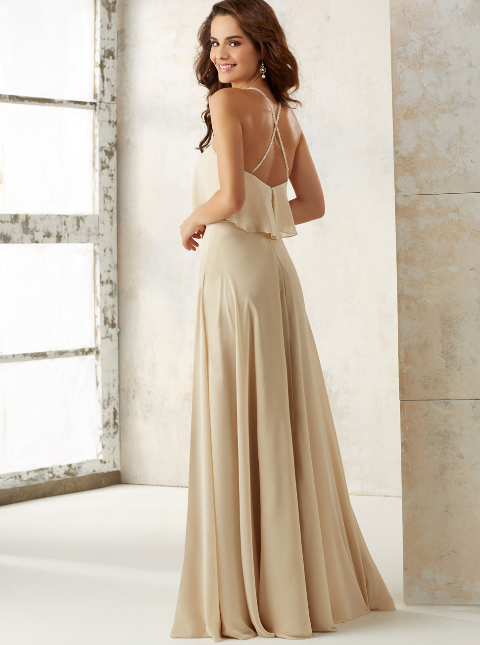 长款雪纺吊带裙定制批发新款卡其色坠地长礼服婚礼LIFU6005